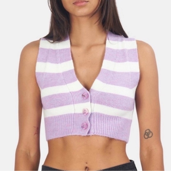For Love & Lemons Maud Purple Sweater Vest Cropped Fuzzy Striped NWT MSRP $95 - Picture 3 of 5